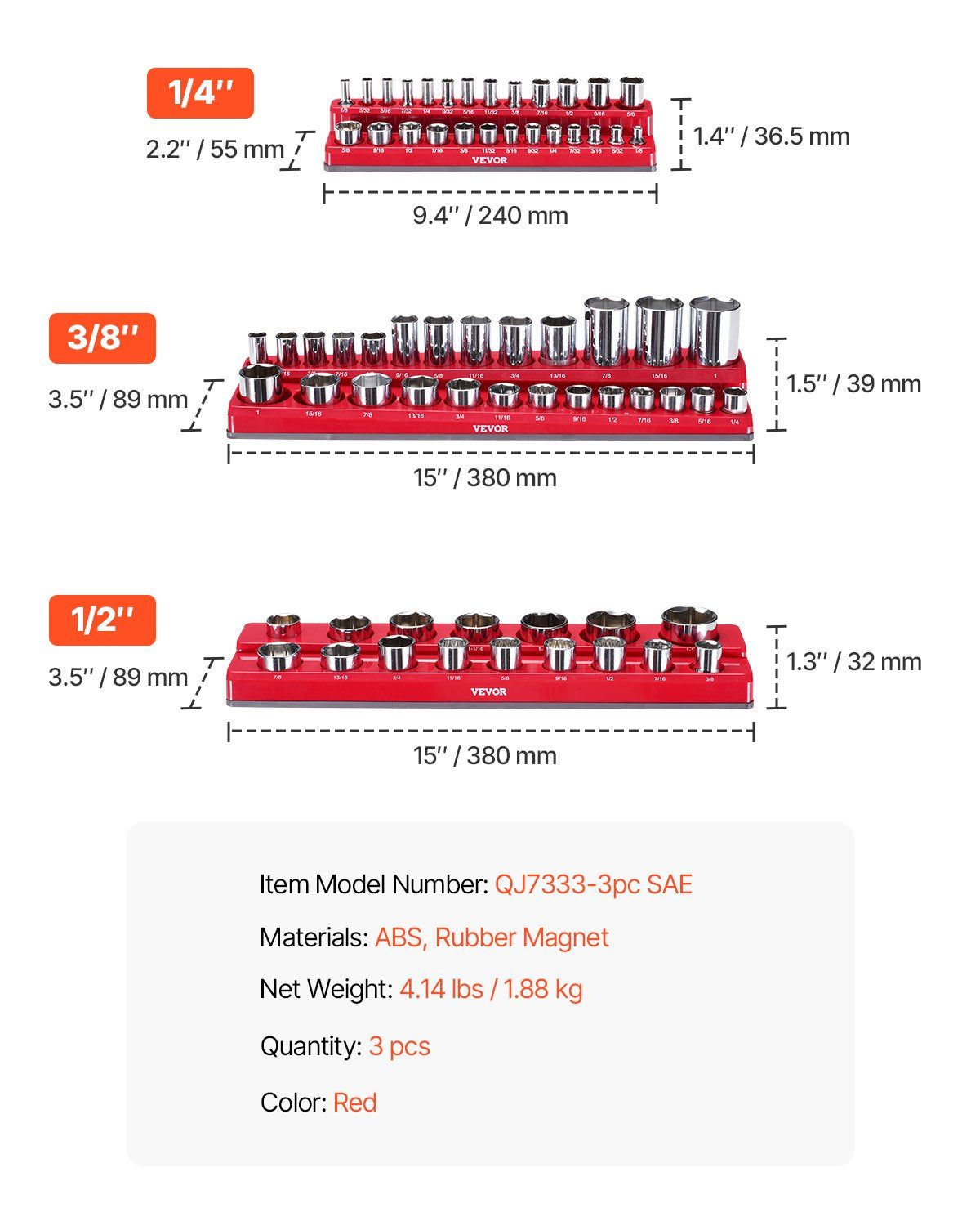 Magnetic Socket Organizer Set 3PCS Magnetic Socket Washers Red for SAE