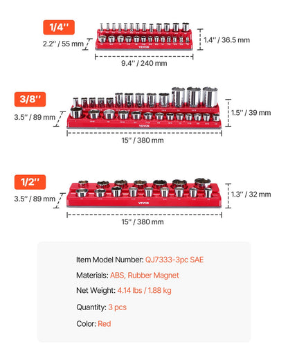 Magnetic Socket Organizer Set 3PCS Magnetic Socket Washers Red for SAE
