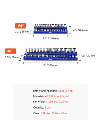 Magnetic Socket Organizer Set 4PCS Socket Washers Blue &amp; Red for Metric SAE
