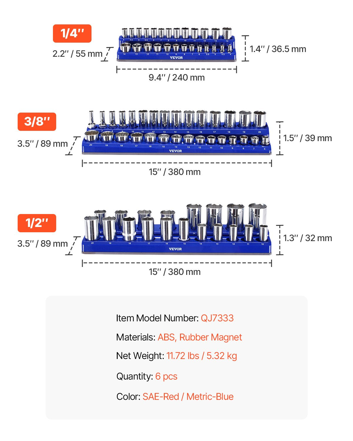 Magnetic Socket Organizer Set 6PCS Socket Washers Blue &amp; Red for Metric SAE