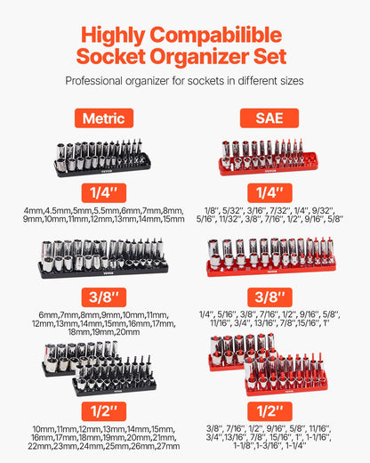 Steckschlüssel-Organizer-Set, 8-teilig, High-Rod-Steckschlüssel-Unterlegscheibe, schwarz und rot, für metrische SAE-