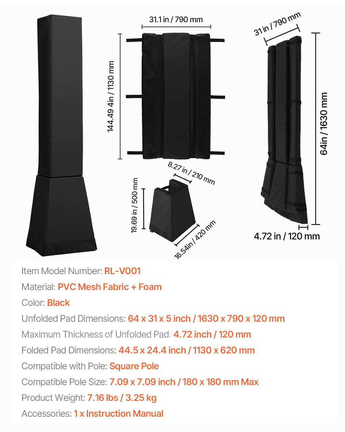 163 cm Basketball Pole Pad Durable All Weather Padding 18x18 in Square Pole