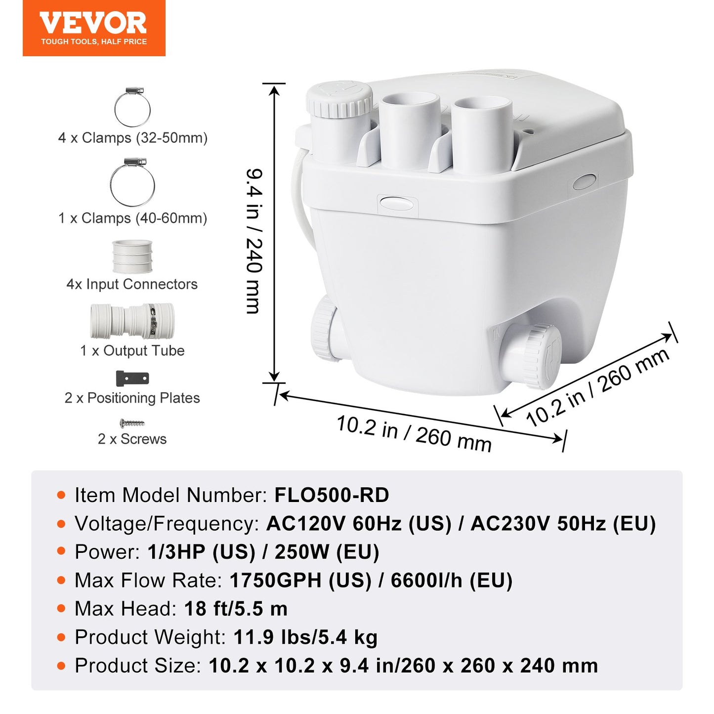 Utility Sink Pump Tvätt Sink Drän Pump System 200W 1500GPH 18ft Head 1-1/2" Utlopp Lågt dräneringsuttag Korrosionsbeständigt Lågt ljud för villakällare, tvättmaskiner, mångsidiga diskbänkar och barer