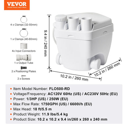 Utility Sink Pump Tvätt Sink Drän Pump System 200W 1500GPH 18ft Head 1-1/2" Utlopp Lågt dräneringsuttag Korrosionsbeständigt Lågt ljud för villakällare, tvättmaskiner, mångsidiga diskbänkar och barer
