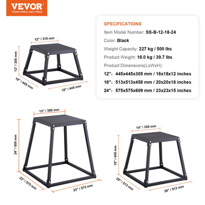 Plyometric Jump Boxes, 12/18/24 Inch Plyo Box, Platform and Jumping Agility Box, Anti-Slip Fitness Exercise Step Up Box Set for Home Gym Workout, Cardio Strength Training, Black