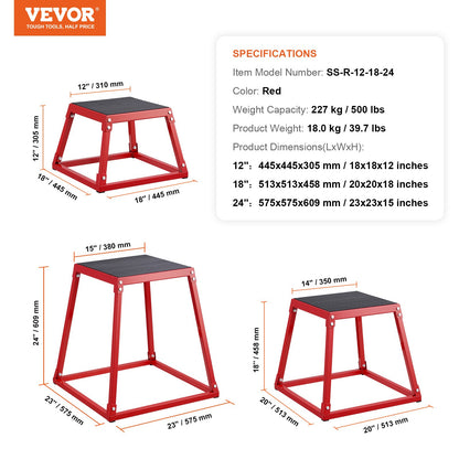 Plyometric Jump Boxes, 12/18/24 inch Plyo Box, Platform and Jumping Agility Box, Anti-Slip Fitness Exercise Step Up Box Set for Home Gym Workout, Cardio Strength Training, Red