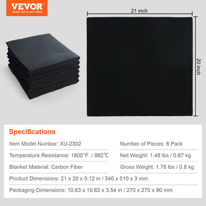 Schweißdecken aus Carbonfilz, 6er-Pack, 53,3 x 50,8 cm, flammhemmende Schweißdecken, hitzebeständiges Filzset bis 820 °C, zuschneidbare feuerhemmende Isolierschweißmatte aus Carbonfaser