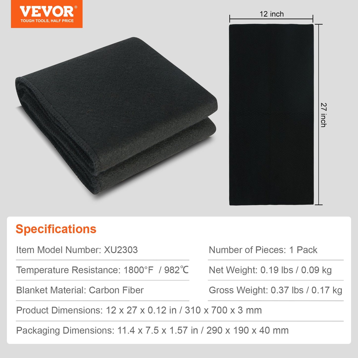 Kolfiltsvetsfilt, 27" x 12" flamskyddande svetsfiltar, upp till 1800°F Värmebeständig filtset, kapbar kolfiberbrandskyddande isoleringssvetsmatta, 1 förpackning