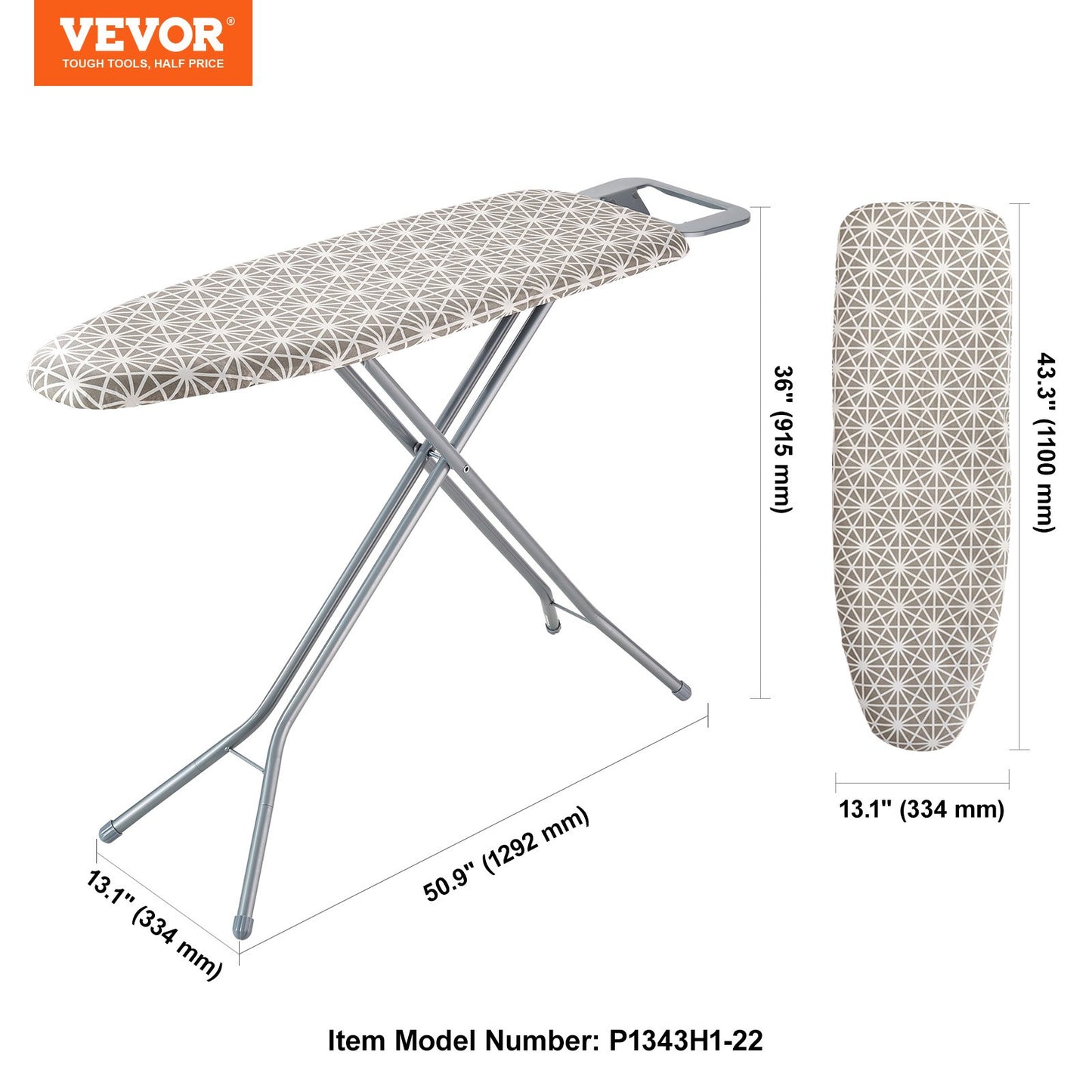 Ironing board with large 51 x 13 ironing surface, thickened 4-layer ironing board with heat-resistant cover and 100% cotton cover, 7 adjustable heights ironing board for home laundry