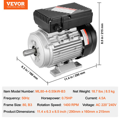 0,55KW elmotor 1400RPM AC 220~240V 4,5A 1-fas 19mm kilaxel
