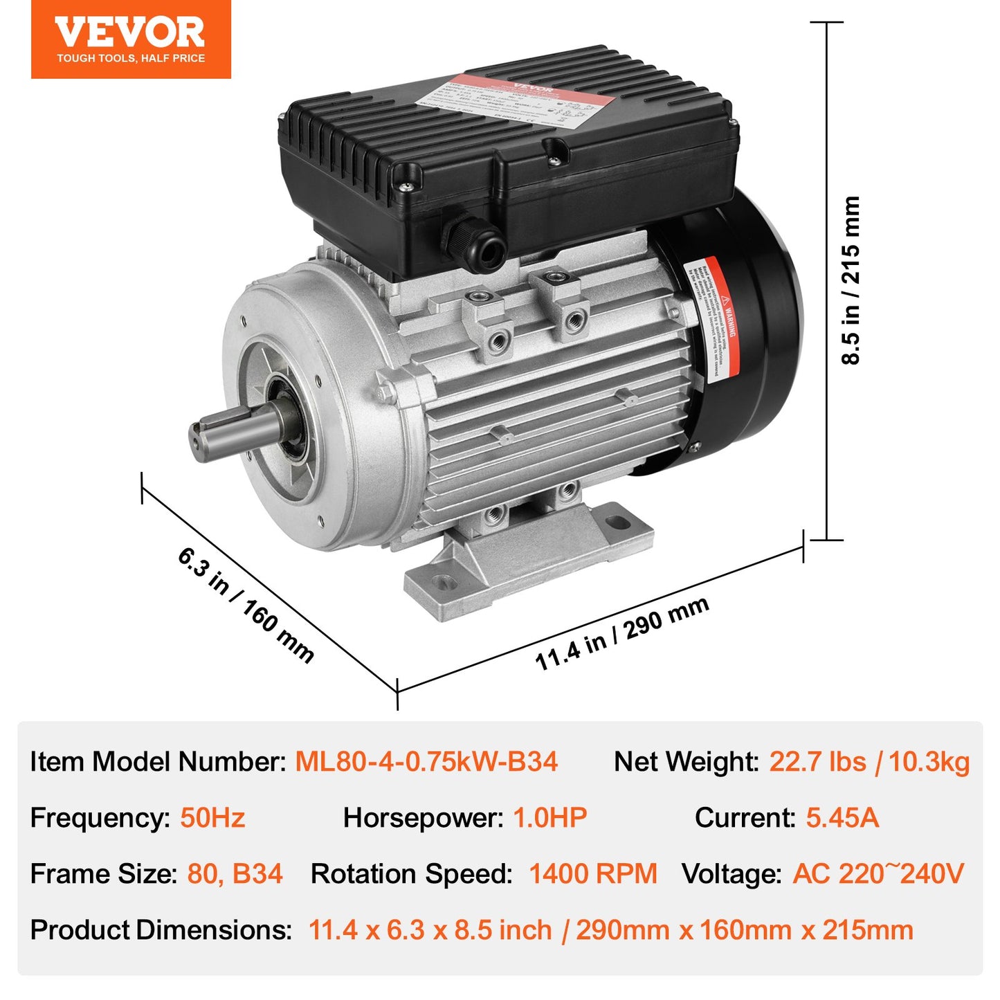 0,75KW Elmotor 1400 RPM AC 220~240V 5,45A 1-fas 19 mm kilaxel