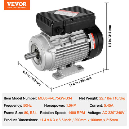 0,75KW Elmotor 1400 RPM AC 220~240V 5,45A 1-fas 19 mm kilaxel