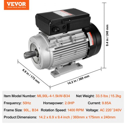 1,5KW elmotor 1400 rpm AC 220~240V 9,85A 1-fas 24 mm kilaxel |  EU