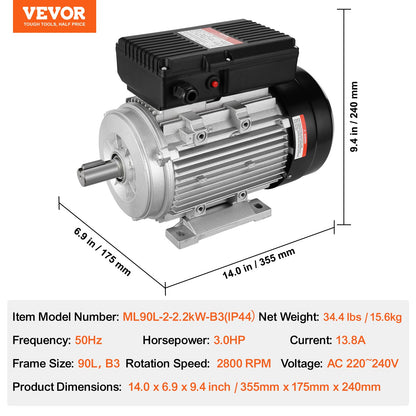 2,2KW elmotor 2800RPM AC 220~240V 13,8A 1-fas 24mm kilaxel