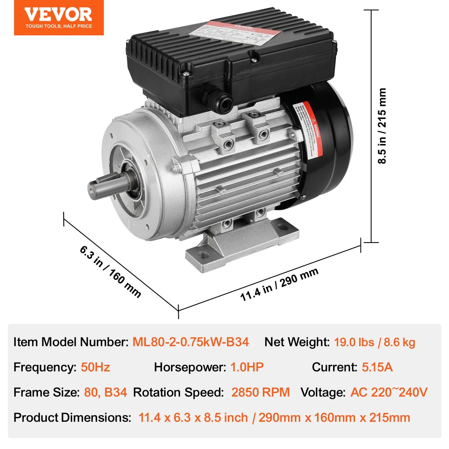 0,75KW Elmotor 2850 RPM AC 220~240V 5,15A 1-fas 19 mm kilaxel