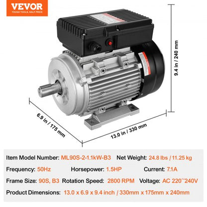 1,1 kW Elektromotor 2800 U/min AC 220~240 V 7,1 A 1-phasig 24 mm Keilwelle | EU