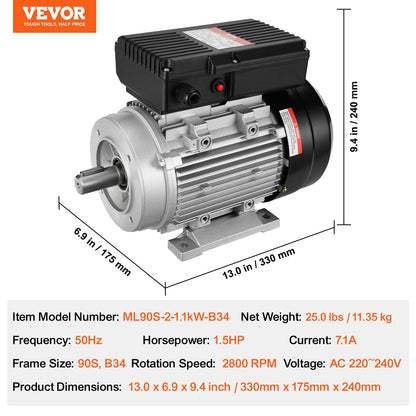 1,1KW elmotor 2800 varv/min AC 220~240V 7,1A 1-fas 24 mm kilaxel