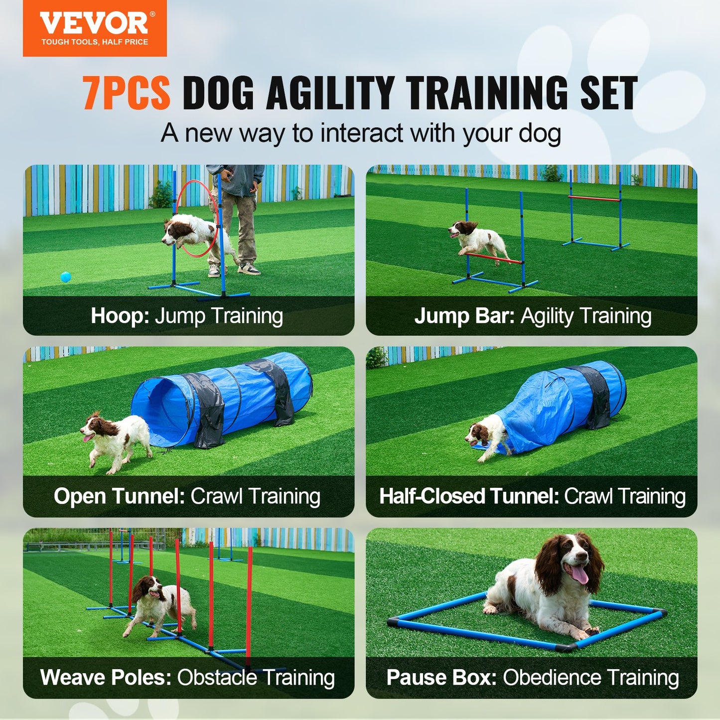 Hunde-Agility-Trainingsausrüstung, 7-teiliges Set mit Hindernissen, 2 Tunneln und Sprungring