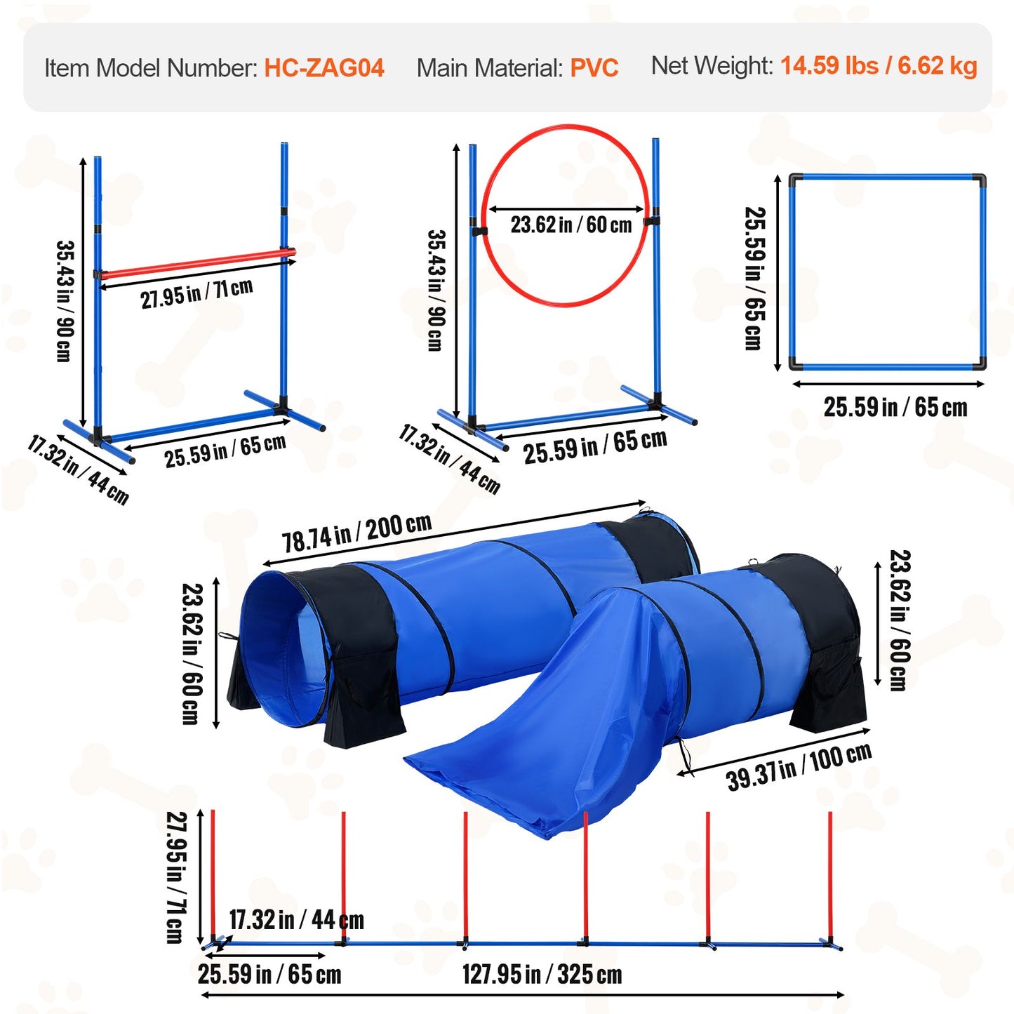 Hunde-Agility-Trainingsausrüstung, 7-teiliges Set mit Hindernissen, 2 Tunneln und Sprungring