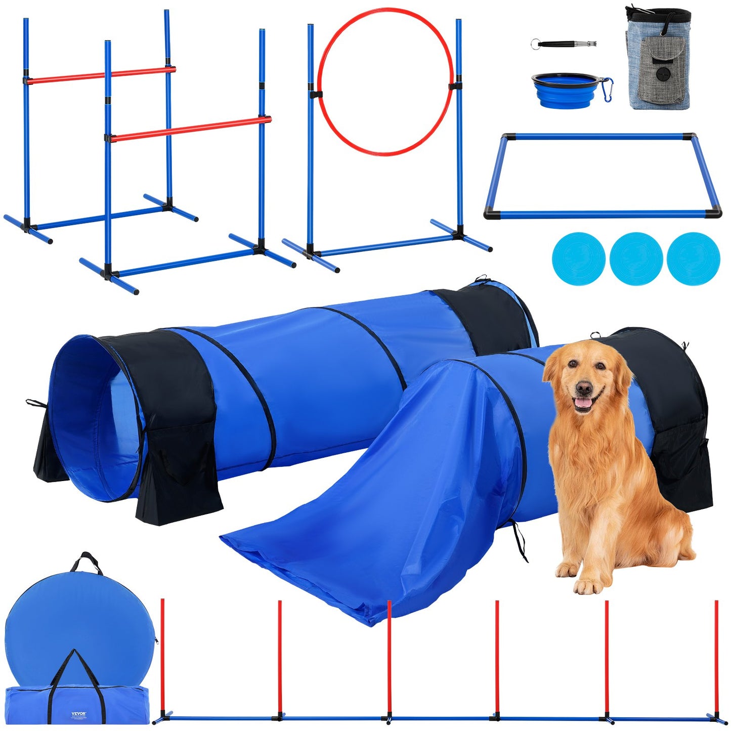Hunde-Agility-Trainingsausrüstung, 7-teiliges Set mit Hindernissen, 2 Tunneln und Sprungring