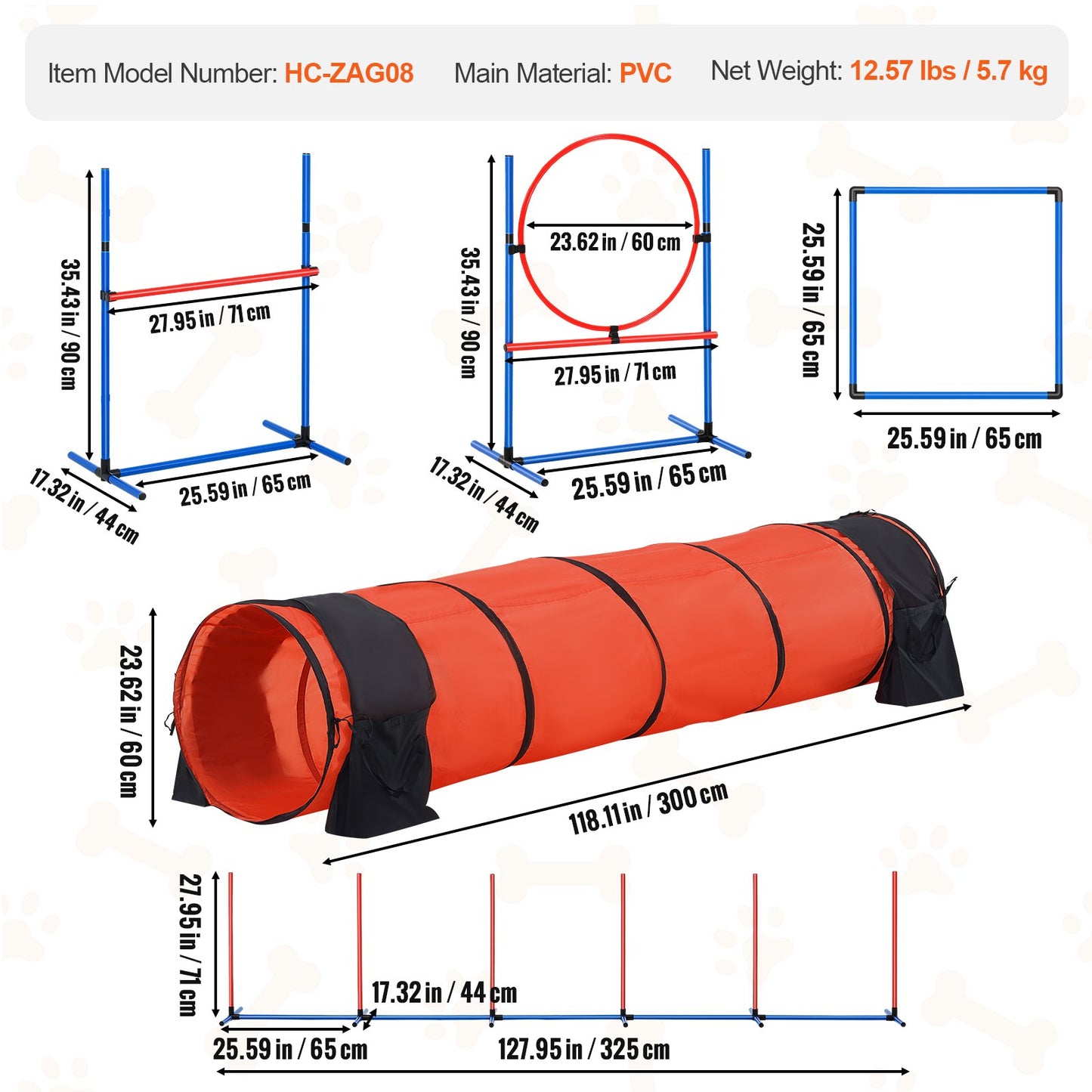 Dog Agility Training Equipment 5 PCS Upgrade w/ Hinders Extended Tunnel