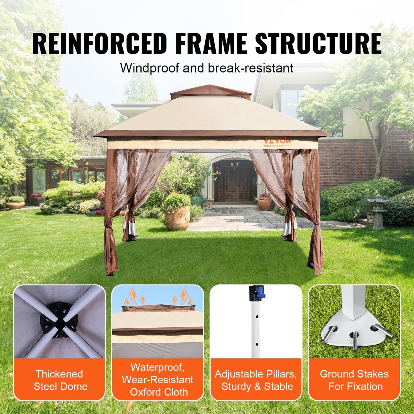 Patio Gazebo, 11 x 11 FT Pop up Gazebo for 8-10 People, with Mosquito Net, Metal Frame and PU Coated 250D Oxford Cloth, Outdoor Roof Cover for Patio, Backyard, Lawn, Garden, Deck