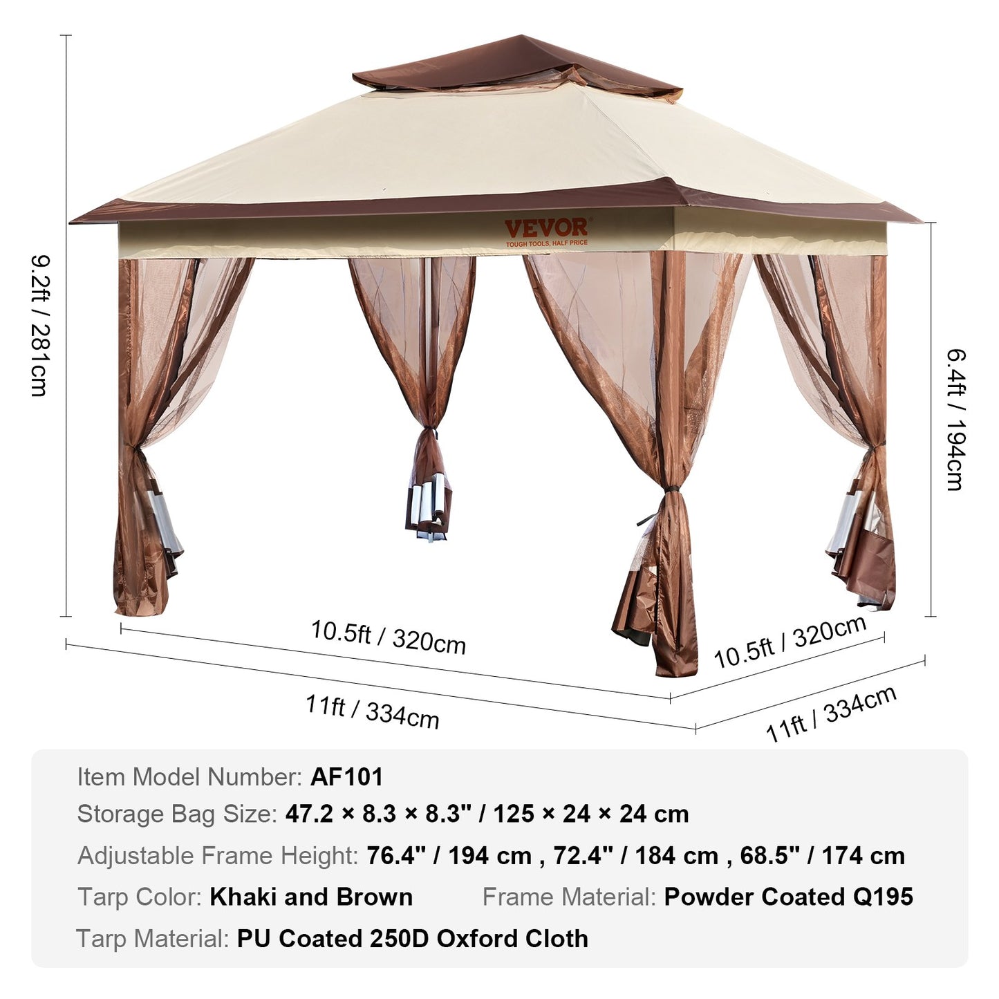 Patio Gazebo, 11 x 11 FT Pop up Gazebo for 8-10 People, with Mosquito Net, Metal Frame and PU Coated 250D Oxford Cloth, Outdoor Roof Cover for Patio, Backyard, Lawn, Garden, Deck