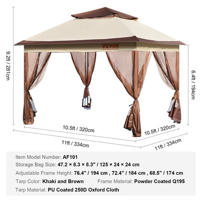 Patio Gazebo, 11 x 11 FT Pop up Gazebo for 8-10 People, with Mosquito Net, Metal Frame and PU Coated 250D Oxford Cloth, Outdoor Roof Cover for Patio, Backyard, Lawn, Garden, Deck