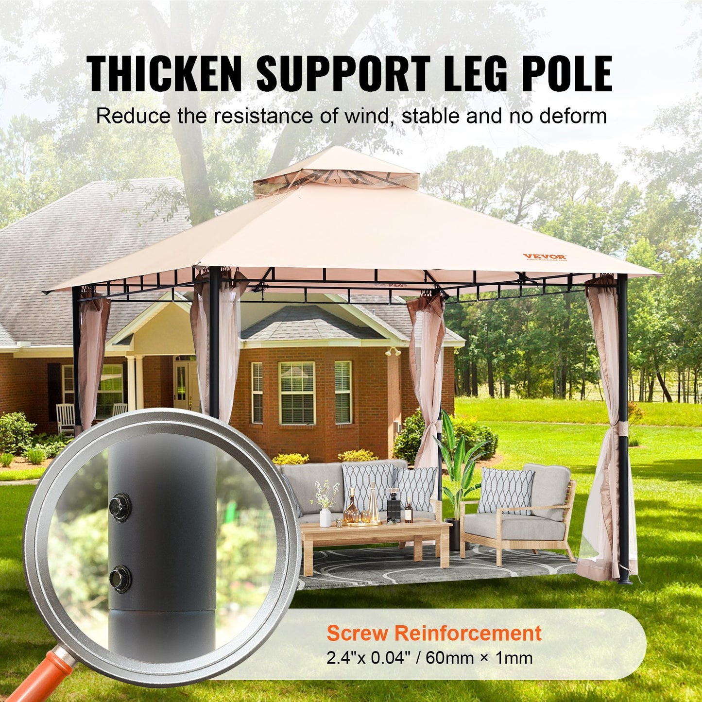 Patio Gazebo för 6-8 personer, 10 x 10 FT Backyard Gazebo, med myggnät, metallram och PU-belagd 180G polyester, utomhustakskydd för uteplats, bakgård, gräsmatta, trädgård, däck