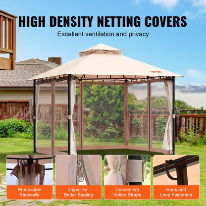 Patio Gazebo för 6-8 personer, 10 x 10 FT Backyard Gazebo, med myggnät, metallram och PU-belagd 180G polyester, utomhustakskydd för uteplats, bakgård, gräsmatta, trädgård, däck