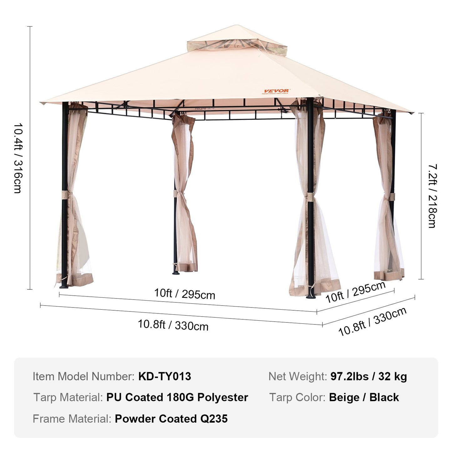 Patio Gazebo för 6-8 personer, 10 x 10 FT Backyard Gazebo, med myggnät, metallram och PU-belagd 180G polyester, utomhustakskydd för uteplats, bakgård, gräsmatta, trädgård, däck