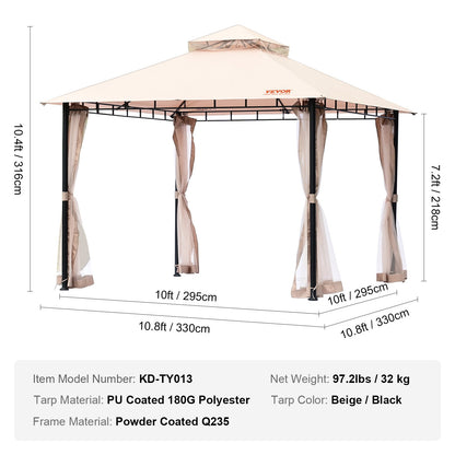 Patio Gazebo för 6-8 personer, 10 x 10 FT Backyard Gazebo, med myggnät, metallram och PU-belagd 180G polyester, utomhustakskydd för uteplats, bakgård, gräsmatta, trädgård, däck