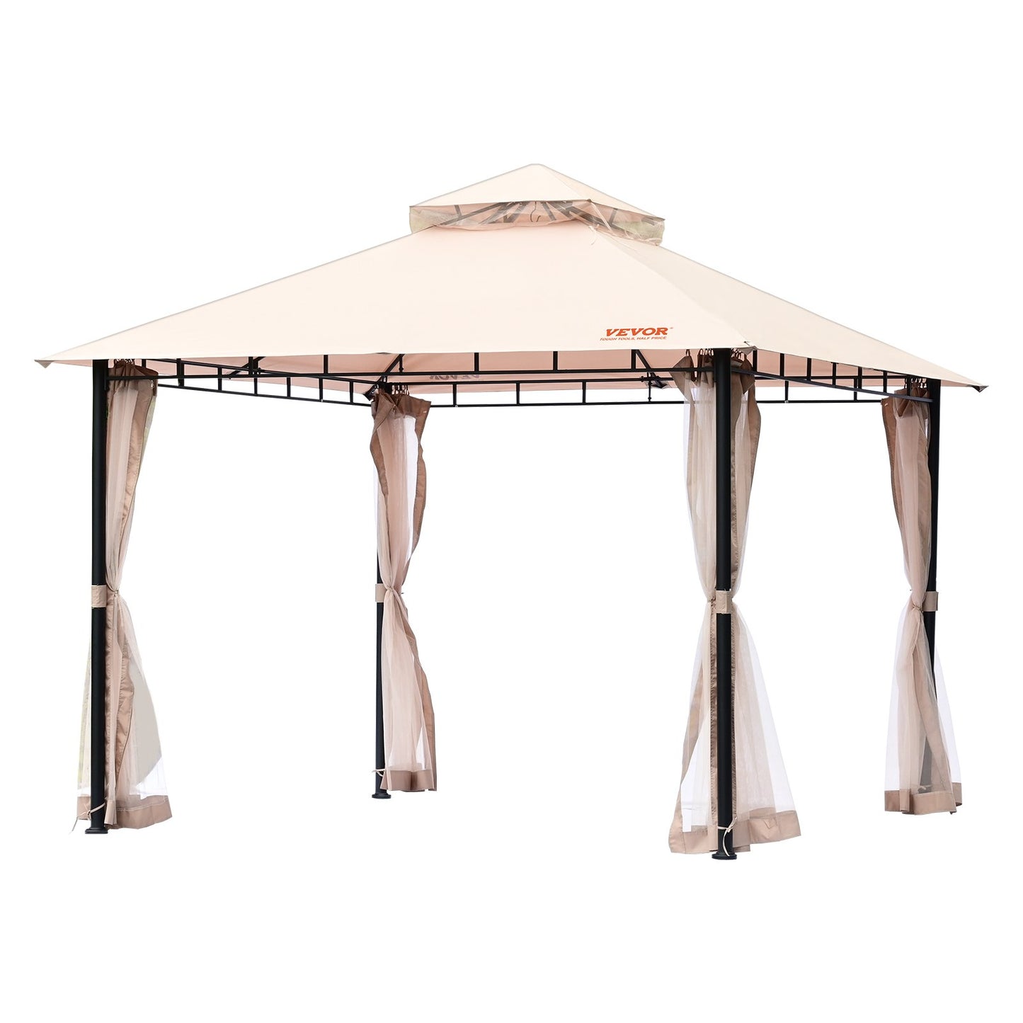 Patio Gazebo för 6-8 personer, 10 x 10 FT Backyard Gazebo, med myggnät, metallram och PU-belagd 180G polyester, utomhustakskydd för uteplats, bakgård, gräsmatta, trädgård, däck