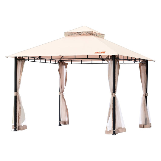 Patio Gazebo för 6-8 personer, 10 x 10 FT Backyard Gazebo, med myggnät, metallram och PU-belagd 180G polyester, utomhustakskydd för uteplats, bakgård, gräsmatta, trädgård, däck