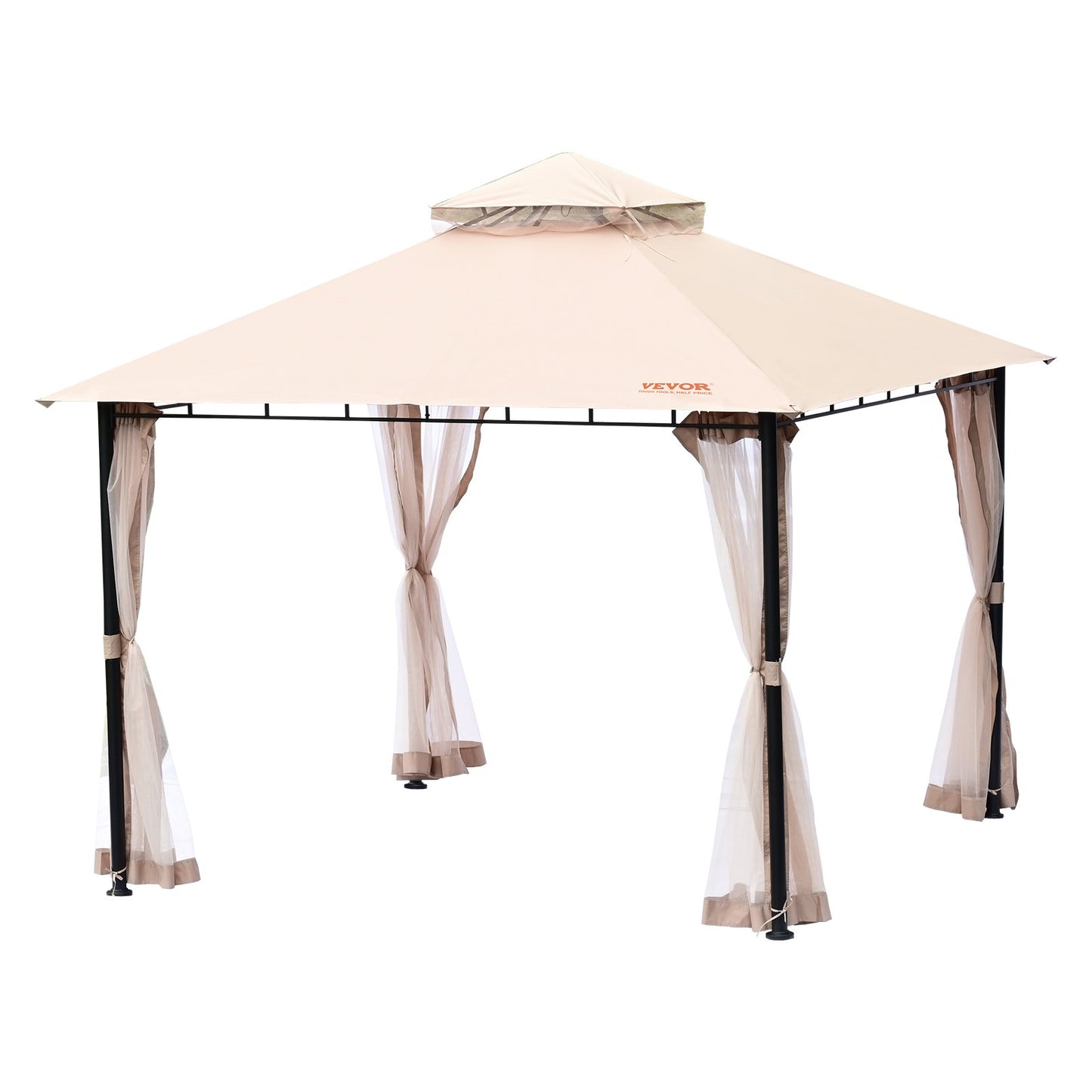 Patio Gazebo för 6-8 personer, 10 x 10 FT Backyard Gazebo, med myggnät, metallram och PU-belagd 180G polyester, utomhustakskydd för uteplats, bakgård, gräsmatta, trädgård, däck