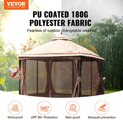 Patio Gazebo for 10-12 People, 10 x 13 FT Backyard Gazebo, with Mosquito Net, Metal Frame and PU Coated 180G Polyester, Outdoor Roof Cover for Patio, Backyard, Lawn, Garden, Deck