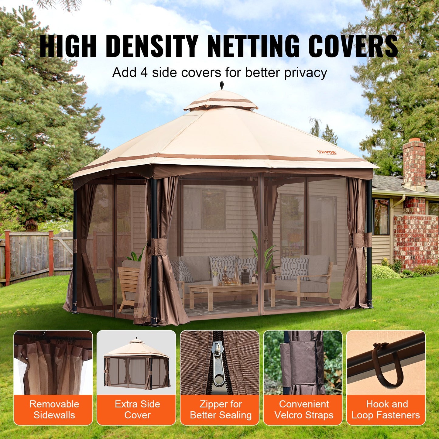 Patio Gazebo for 10-12 People, 10 x 13 FT Backyard Gazebo, with Mosquito Net, Metal Frame and PU Coated 180G Polyester, Outdoor Roof Cover for Patio, Backyard, Lawn, Garden, Deck