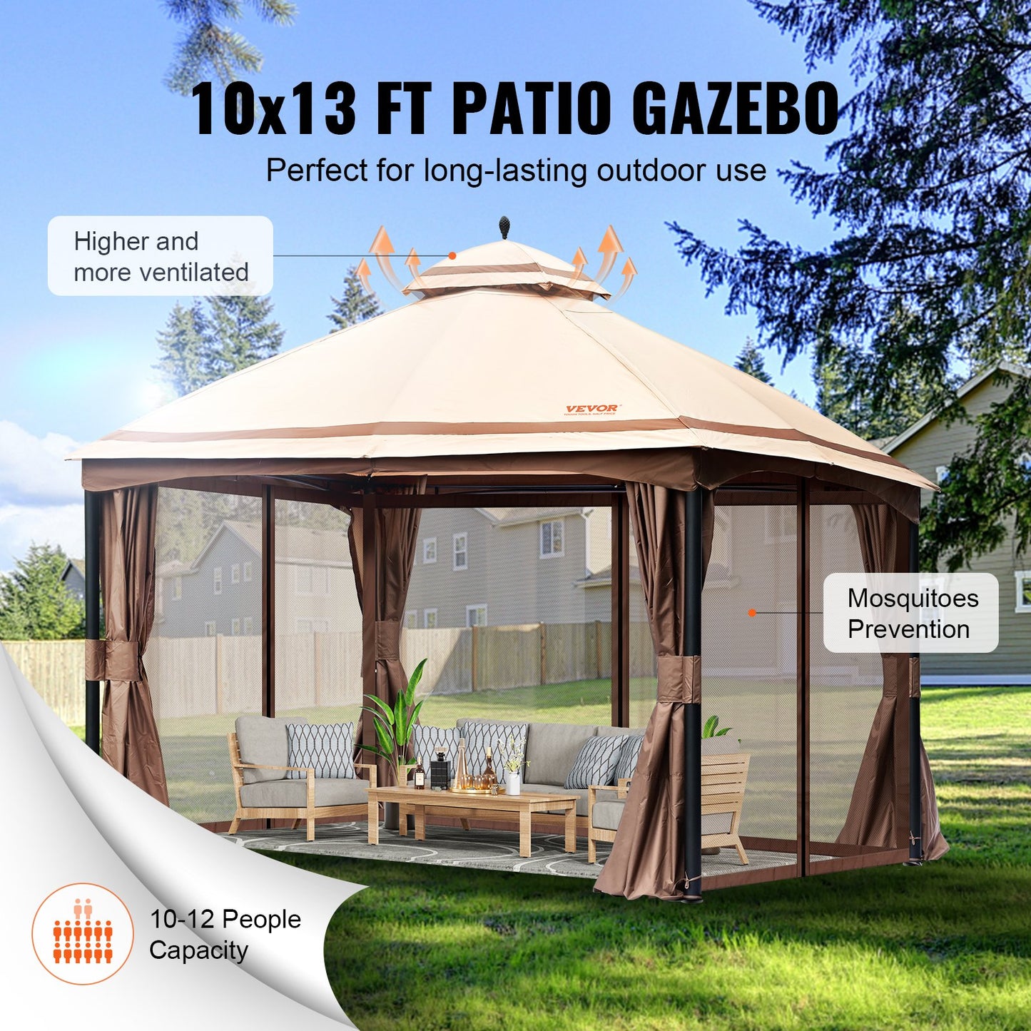 Patio Gazebo for 10-12 People, 10 x 13 FT Backyard Gazebo, with Mosquito Net, Metal Frame and PU Coated 180G Polyester, Outdoor Roof Cover for Patio, Backyard, Lawn, Garden, Deck