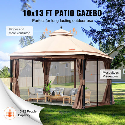 Patio Gazebo for 10-12 People, 10 x 13 FT Backyard Gazebo, with Mosquito Net, Metal Frame and PU Coated 180G Polyester, Outdoor Roof Cover for Patio, Backyard, Lawn, Garden, Deck