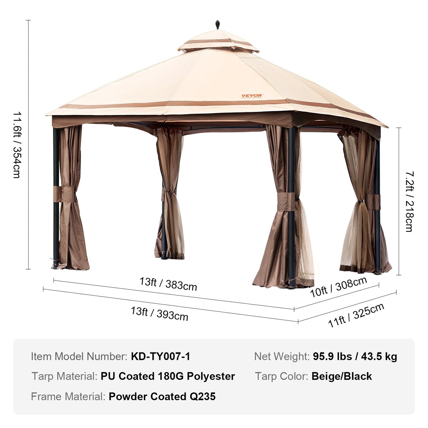 Patio Gazebo for 10-12 People, 10 x 13 FT Backyard Gazebo, with Mosquito Net, Metal Frame and PU Coated 180G Polyester, Outdoor Roof Cover for Patio, Backyard, Lawn, Garden, Deck