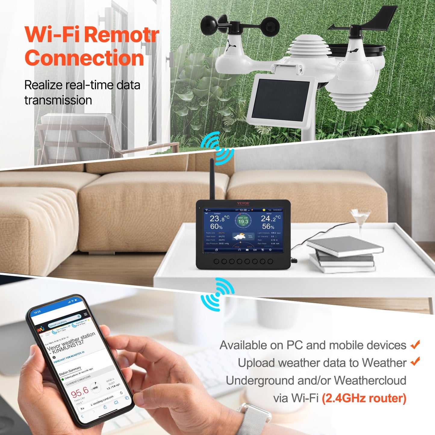 7-i-1 Wi-Fi väderstation 7 i TFT-skärm Trådlös utomhussensor