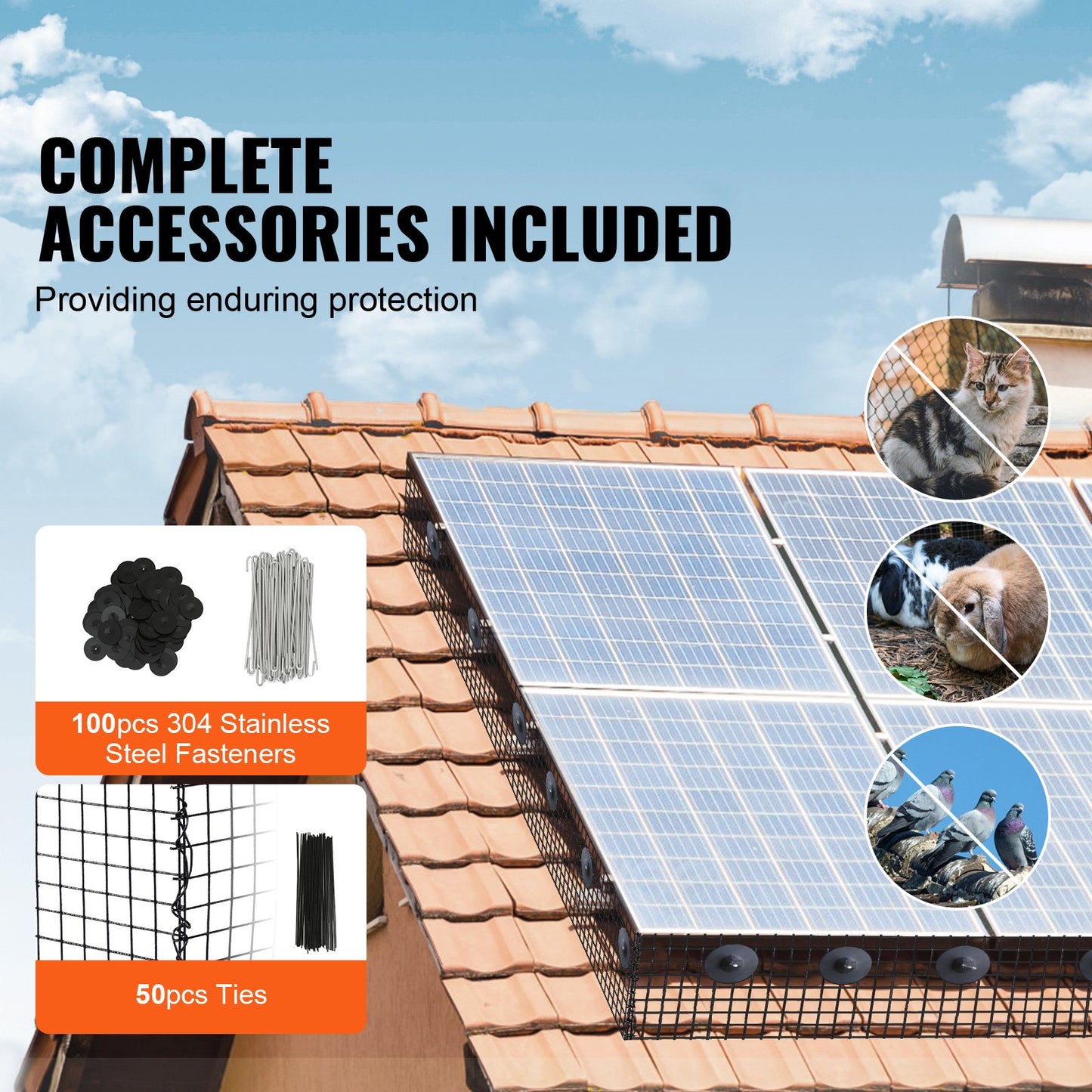 20 x 3048 cm Solpanel fågelskydd, Critter Guard Roll Kit med 100 st aluminiumlegeringsfästen, solpanelsskydd med rostsäker PVC-beläggning, 12,7 mm trådrullsnät