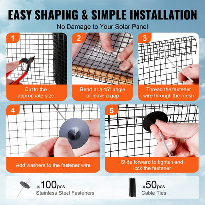 20 x 3048 cm Solpanel fågelskydd, Critter Guard Roll Kit med 100 st aluminiumlegeringsfästen, solpanelsskydd med rostsäker PVC-beläggning, 12,7 mm trådrullsnät