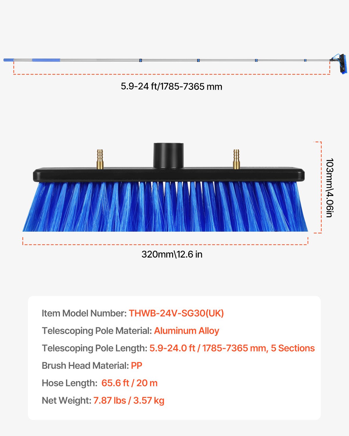 Water Fed Pole Kit 7,3 m solpanelsrengöringsstolpe med förlängbart handtag