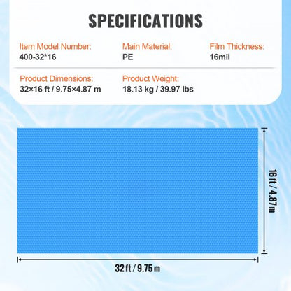 Solar Pool Cover 36x16 ft Inground Above Ground Pools Solar Filt 16 mil |  EU