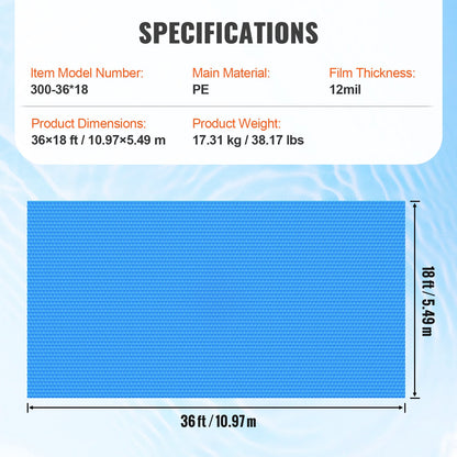 Solar Pool Cover, 36 x 18 ft Rectangle Solar Blanket for Pools, Inground Above Ground Pool Solar Cover, 12 mil Solar Covers Blue