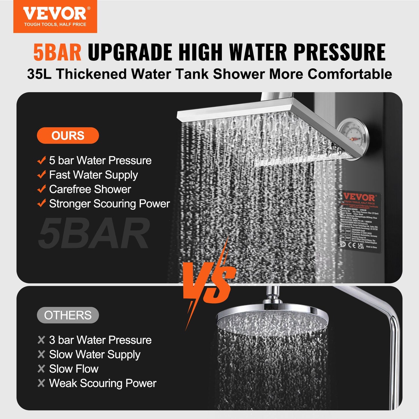 Outdoor shower with solar heating, 35 liter poolside shower kit with shower head and foot shower faucet, quick assembly with double buckle with pre-drilled holes for outdoor pool by the pool