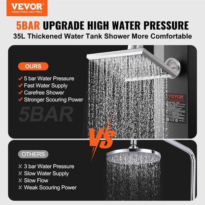 Outdoor shower with solar heating, 35 liter poolside shower kit with shower head and foot shower faucet, quick assembly with double buckle with pre-drilled holes for outdoor pool by the pool