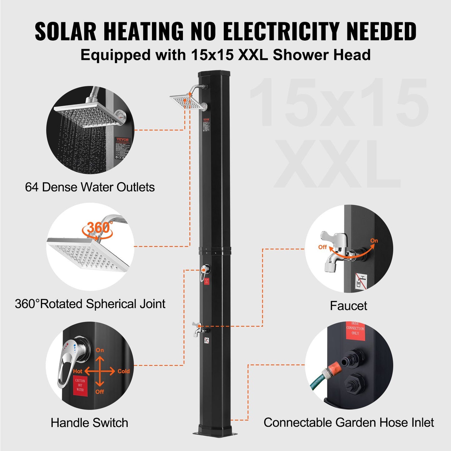 Outdoor shower with solar heating, 35 liter poolside shower kit with shower head and foot shower faucet, quick assembly with double buckle with pre-drilled holes for outdoor pool by the pool