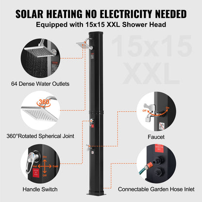 Outdoor shower with solar heating, 35 liter poolside shower kit with shower head and foot shower faucet, quick assembly with double buckle with pre-drilled holes for outdoor pool by the pool